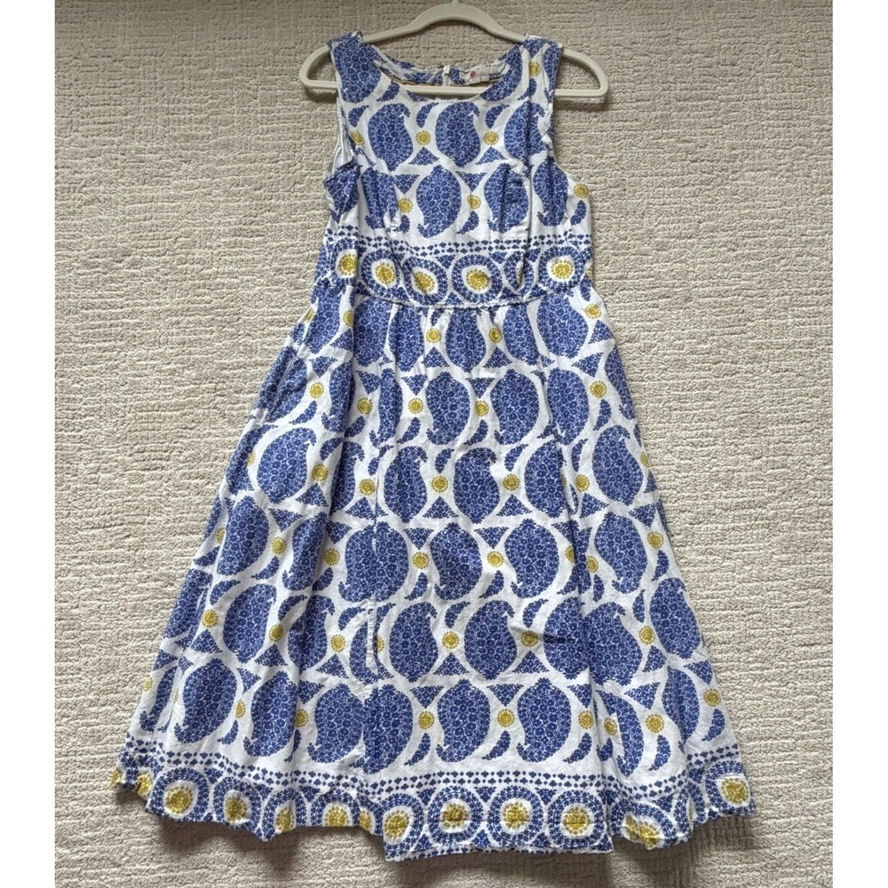 Boden Blue Yellow Paisley Medallion Cotton Fit Flare Midi Dress Pockets Sz 10R